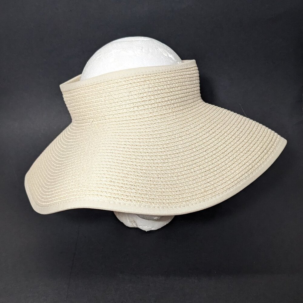 Furtalk Straw Sun Visor Hat Beige Wide Brim Roll-Up Ponytail UVA UVB Packable - Picture 2 of 8